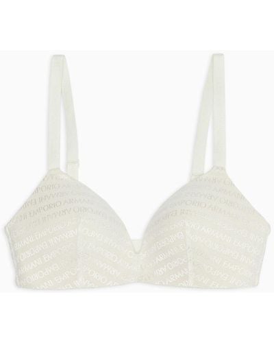 Emporio Armani Armani Sustainability Values Padded Triangle Bra In Recycled Bonded Mesh With All-over Lettering - White