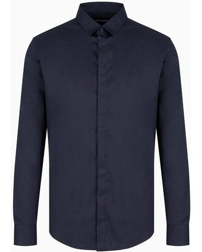 Emporio Armani Camicia Slim Fit In Raso Leggero Comfort - Blu