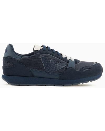 Emporio Armani Mesh Sneakers With Suede Details And Eagle Patch - Blue