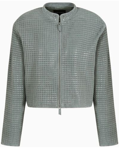 Emporio Armani Loose-fit Jacket In Woven Suede And Nappa Leather - Grey
