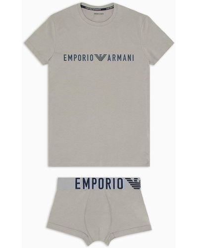 Emporio Armani Ensemble Sous-vêtements T-shirt De Détente Et Boxer En Coton Biologique Avec Très Grand Logo Asv - Gris