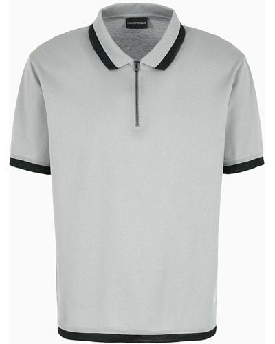 Emporio Armani Mercerized Piqué Polo Shirt With Zipper And Contrasting Trim - Grey
