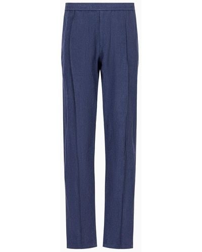 Emporio Armani Pantalones De Lino Lavado Con Tacto De Crepé Y Pliegue - Azul