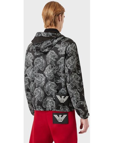 Emporio Armani Reversible Blouson With Hood And All-over Tiger - Multicolour
