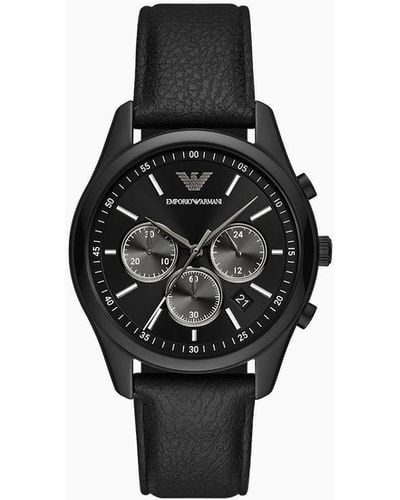 Emporio Armani Reloj De Piel Negra Con Cronógrafo - Negro