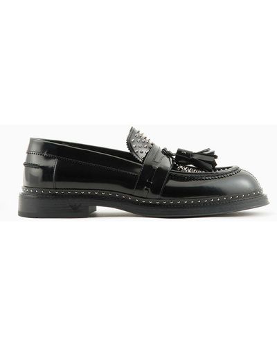 Emporio Armani Brushed Leather Loafers With Studs - Black