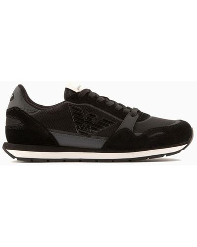 Emporio Armani Mesh Sneakers With Suede Details And Eagle Patch - Black