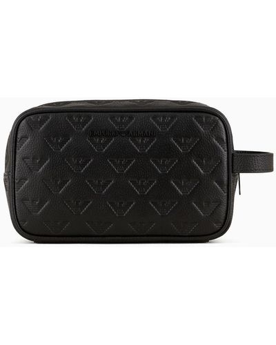 Emporio Armani Leather Washbag With All-over Embossed Eagle - Black