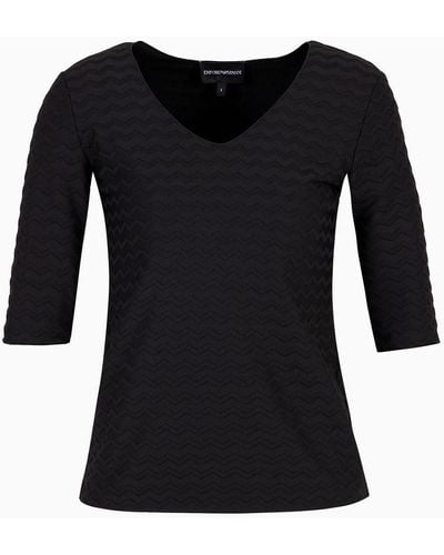 Emporio Armani Two-way Stretch Jacquard Jersey V-neck Jumper With Three-quarter Length Sleeves - Black