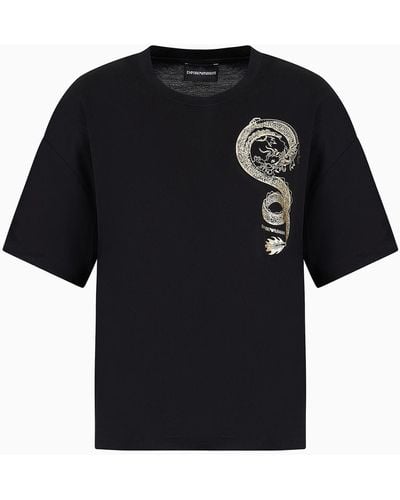 Emporio Armani T-shirt Aus Merzerisiertem Jersey Mit Drachen-print - Schwarz