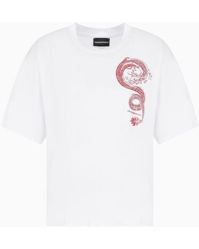 Emporio Armani Camiseta De Punto Mercerizado Con Estampado De Dragón - Blanco
