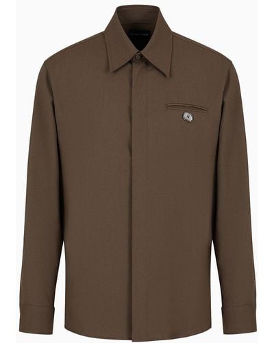Emporio Armani Light Wool Shirt With Pocket And Contoured Button - Brown