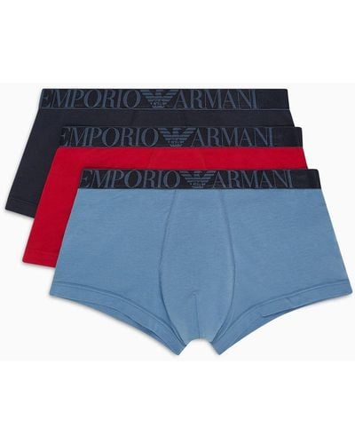 Emporio Armani Three-pack Of Asv Shiny Logo Waistband Organic-cotton Boxer Briefs - Blue