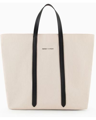 Emporio Armani Canvas Shopper Bag With Shoulder Strap - Natural