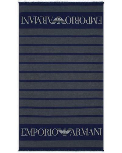 Emporio Armani Striped Terry Beach Towel With Logo - Blue