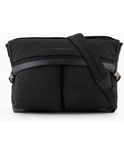 Emporio Armani Nylon Jacquard Messenger Bag With All-over Logo Lettering - Black