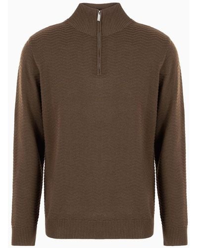Emporio Armani Half-zip, Mock-neck Jumper In A Wool Blend With Chevron Links-stitch Motif - Brown