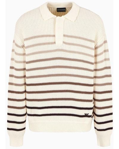 Emporio Armani Striped, Cob-stitched Cotton Jumper With Polo-shirt Collar - White