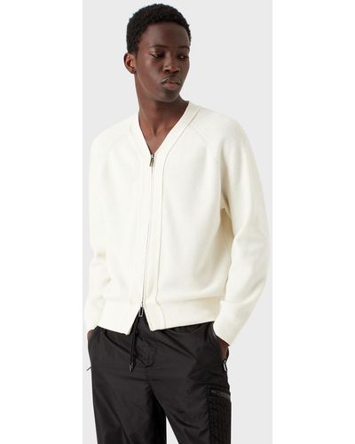 Emporio Armani English Rib-knit V-neck Cardigan With Zip In A Wool Blend - White