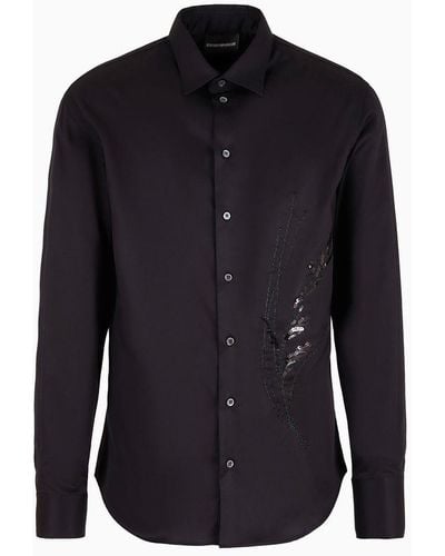 Emporio Armani No-iron Stretch Cotton Shirt With Nature-themed Sequin Embroidery - Blue