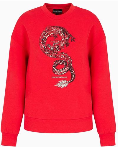 Emporio Armani Sweat-shirt Avec Grande Broderie Dragon - Rouge