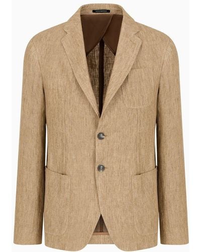 Emporio Armani Single-breasted Jacket In Faded Linen With A Crêpe Texture - Natural