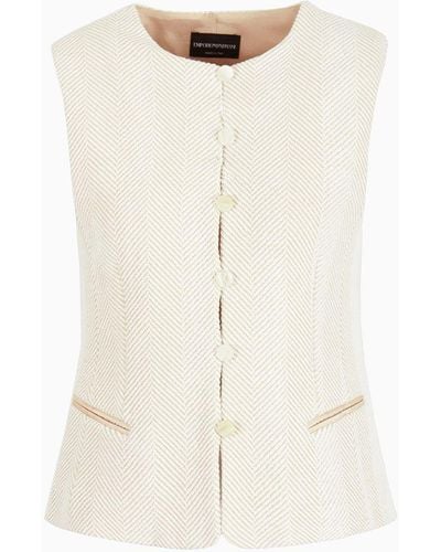 Emporio Armani Single-breasted Waistcoat In A Chevron Jacquard - White