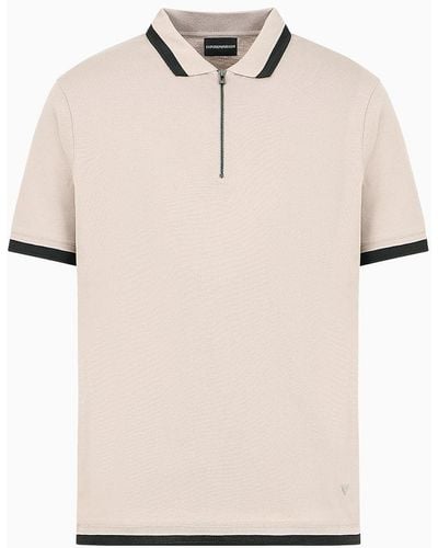 Emporio Armani Mercerized Piqué Polo Shirt With Zipper And Contrasting Trim - Natural