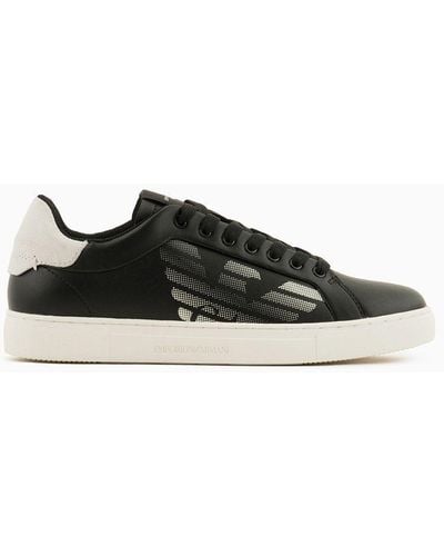 Emporio Armani Asv Regenerated-leather Trainers With Oversized Eagle And Suede Back - Black