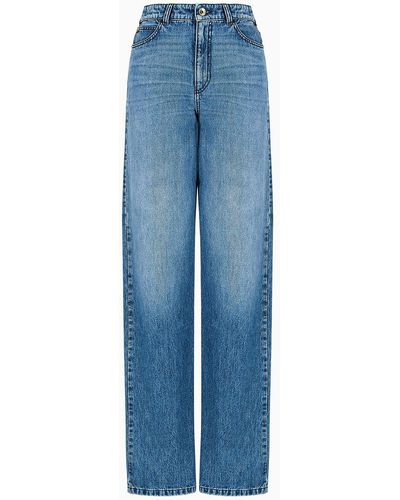 Emporio Armani J4b High-waisted Wide-leg Jeans In Worn-look Denim With Petal Keyring - Blue