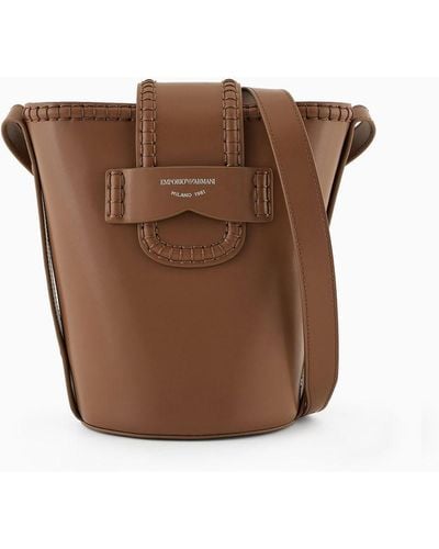Emporio Armani Leather Bucket Shoulder Bag With Icon Strap - Brown