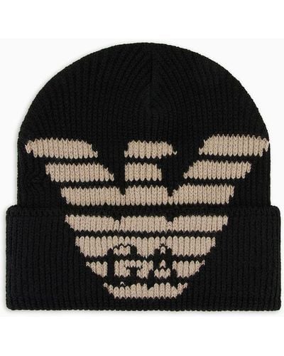 Emporio Armani Ribbed Wool-blend Beanie With Oversized Jacquard Eagle - Black