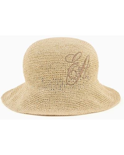 Emporio Armani Braided-weave Cloche Hat With Ea Signature Embroidery - Natural