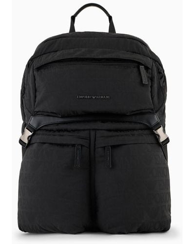 Emporio Armani Nylon Backpack With All-over, Jacquard Logo Lettering - Black