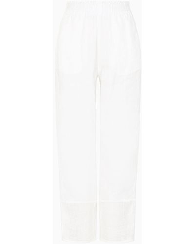 Emporio Armani Pure Linen Trousers With Elasticated Waist And Brushed Details - White