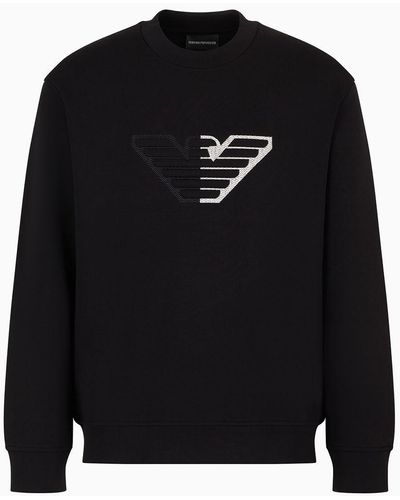Emporio Armani Sweatshirt Aus Doppellagigem Jersey Mit Maxi-adlerprägung Auf Chevron-untergrund - Schwarz