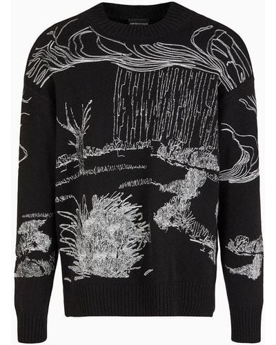 Emporio Armani Alpaca-blend Jumper With Nature Embroidery - Black