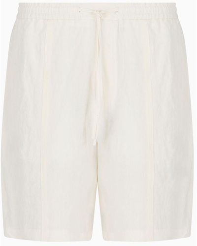 Emporio Armani Faded Linen With A Crêpe Texture Drawstring Board Shorts With Drawstring - White