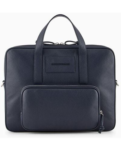 Emporio Armani Business Bag In Tumbled Leather - Blue