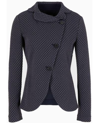 Emporio Armani Jacket With Off-centre Buttoning In Knit-look Jacquard Jersey - Blue