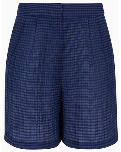 Emporio Armani Darted Bermuda Shorts In Gingham-effect Seersucker Fabric - Blue