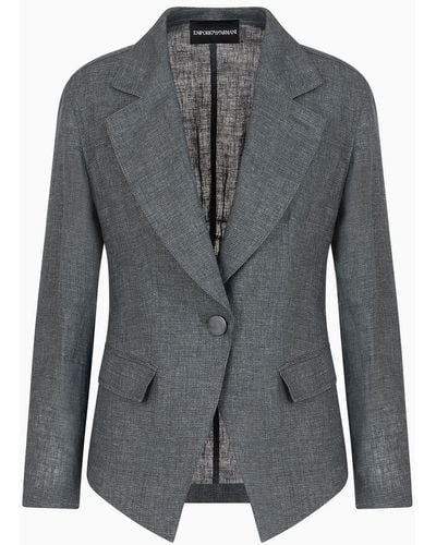 Emporio Armani Single-breasted Jacket With Smocking Details In Washed Linen - Gray