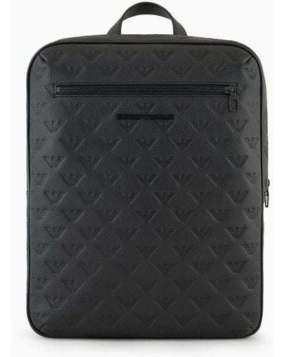Emporio Armani Slim Leather Backpack With All-over Embossed Eagle - Black