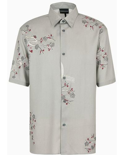 Emporio Armani Asv Oversize, Short-sleeved Lyocell Shirt With Asian Theme - Grey