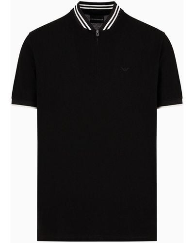Emporio Armani Mercerised Piqué Polo Shirt With Zip, Bomber Jacket Collar And Micro Eagle Embroidery - Black