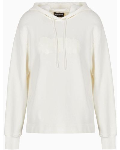 Emporio Armani Organic-jersey Hooded Sweatshirt With Logo On A Glossy Asv Print - White