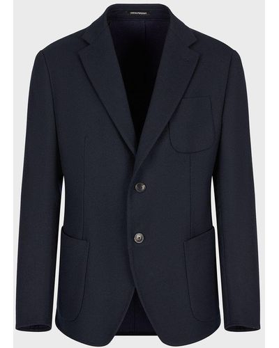 Emporio Armani Single-breasted Jacket In Lightweight Virgin Wool Cloth - Blue