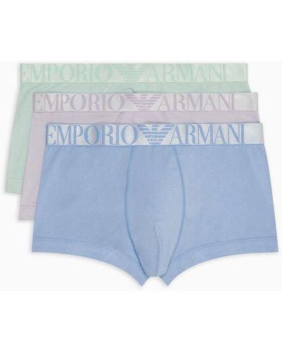 Emporio Armani Three-pack Of Asv Shiny Logo Waistband Organic-cotton Boxer Briefs - Blue