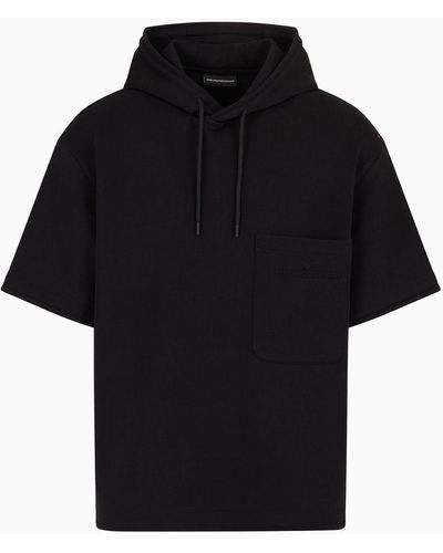 Emporio Armani Short-sleeved Double-jersey Hooded Sweatshirt With A Patch Pocket - Black