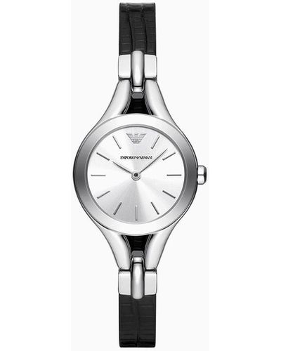 Emporio Armani Uhr Mit Zwei Zeigern Und Schwarzem Lederarmband - Weiß
